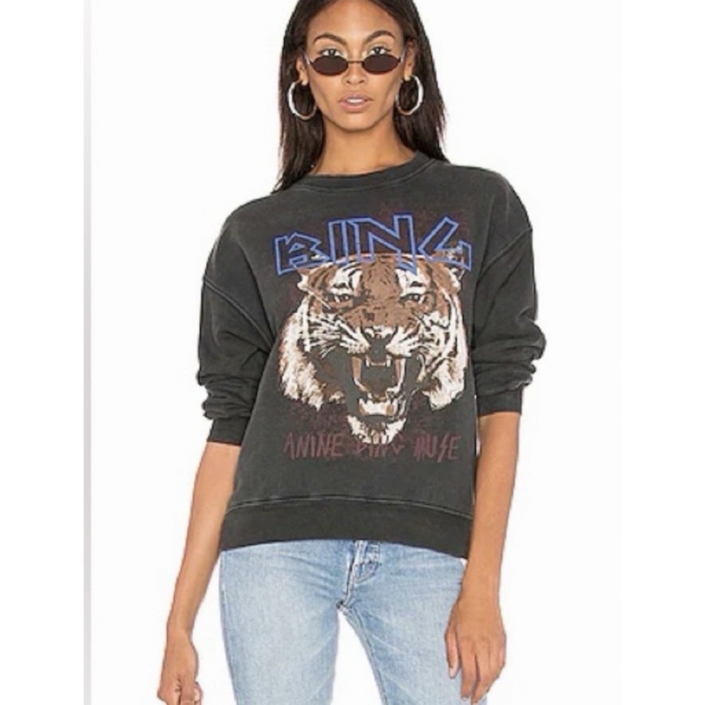 Anine Bing Tiger Muse Sweatshirt Womens L Gray Graphic Terry Crewneck Pullover